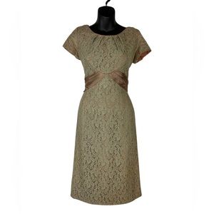 Vintage dress S small green lace satin 50's pencil wiggle homemade short…